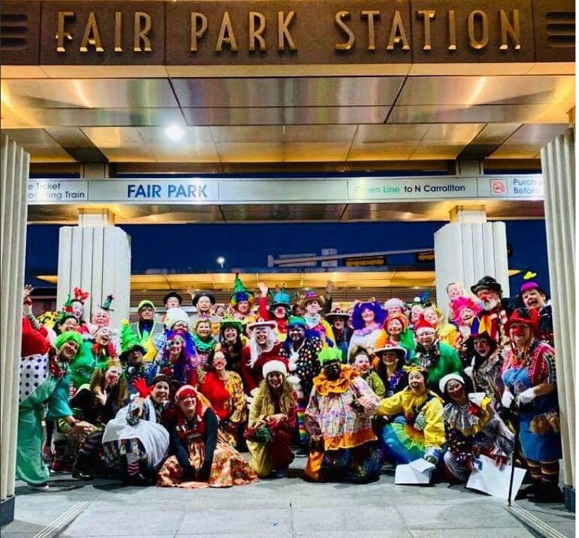 Dallas Holiday Parade clowns at DART Fair Park Station