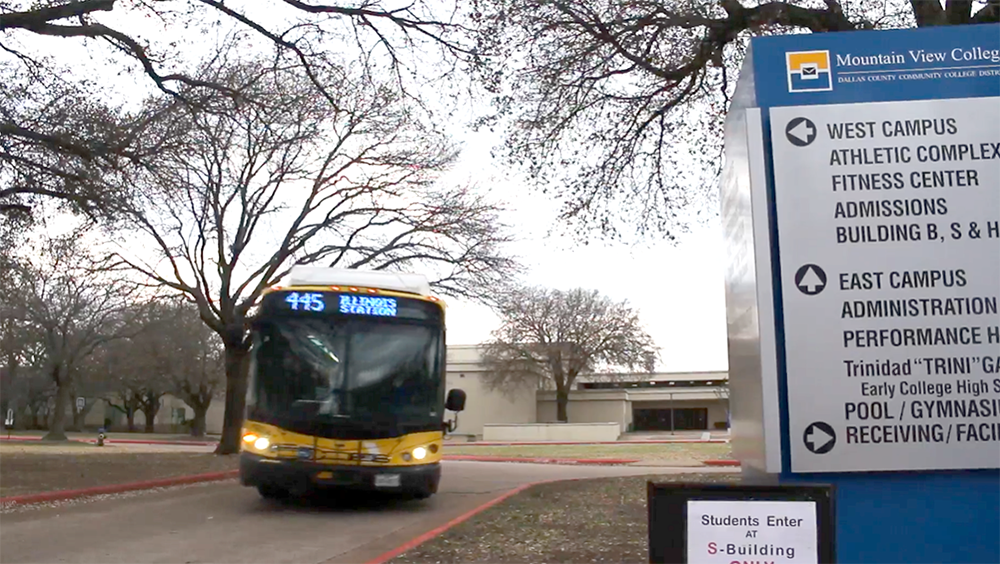 DART Bus Route 445 leaves Mountain View College in Dallas March 9, 2021.