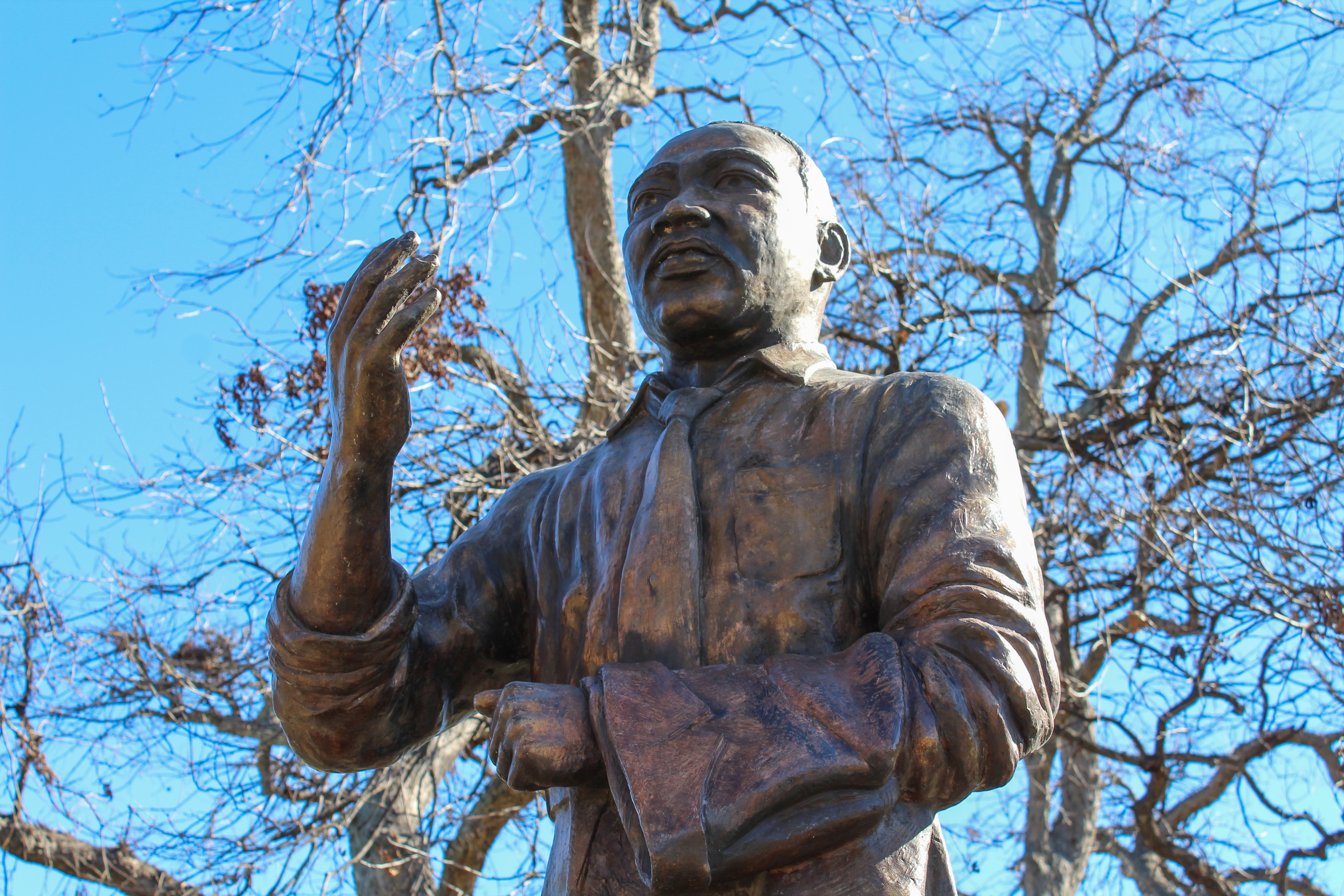 Statue of Martin Luther King Jr. stands at the Martin Luther King Jr. Community Center in Dallas, Texas.