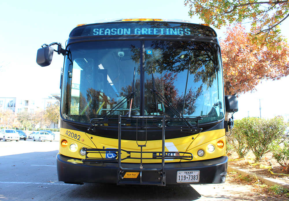 A DART bus sits parked at the SMU/Mockingbird Station parking lot during DART’s Stuff a Bus event Dec. 4, 2020.