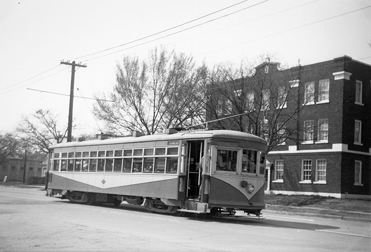 From the collections of the Dallas History & Archives Division, Dallas Public Library: CHARLES MIZELL COLLECTION PA81- 1/ 6 Dallas Railway & Terminal Co. Streetcar 772 on West Jefferson Boulevard.  Second Fair Park, Line #4 1948
